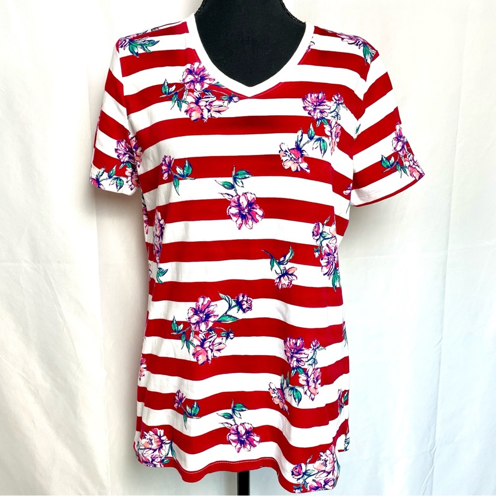 Kim Rogers Red White Striped Floral V-Neck Short Sleeve Cotton Top M